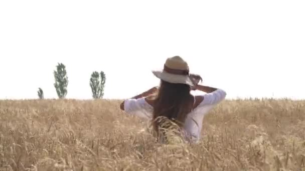 Close Woman Straw Hat Standing Raising Her Hands Wheat Field — Stock Video