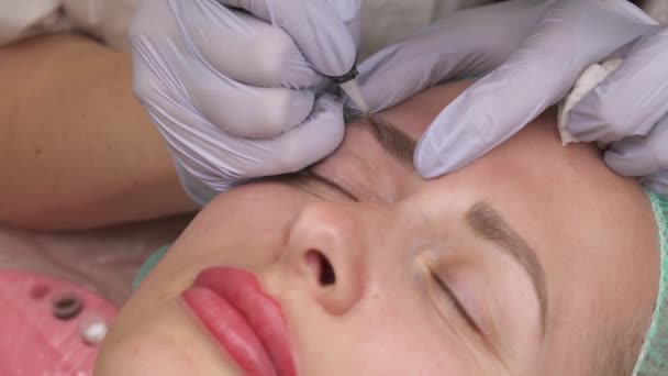 Cosmetologist Experimentado Que Aplica Maquilagem Permanente Sobrancelhas Clientes Salão Beleza — Vídeo de Stock