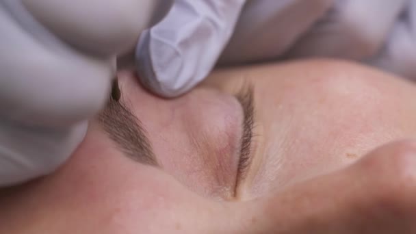 Zbliżenie Kosmetologa Wykonującego Zabieg Mikropigmentacji Stały Makijaż Trwałe Tatuowanie Brwi — Wideo stockowe