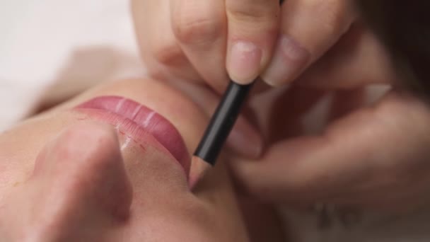 Een Bovenaanzicht Van Een Vrouwelijke Cliënt Die Lippenstift Heeft Getekend — Stockvideo