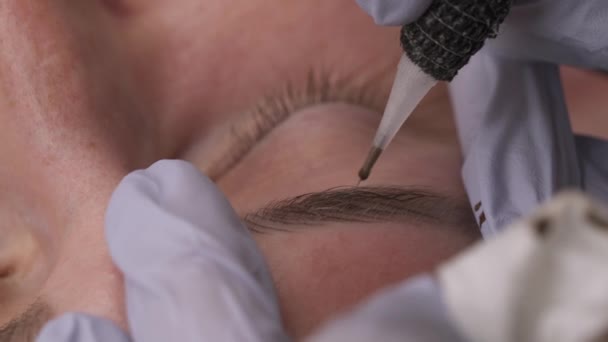 Zbliżenie Wideo Zabiegu Mikropigmentacji Brwi Wykwalifikowany Kosmetolog Robiący Brwi Makijaż — Wideo stockowe