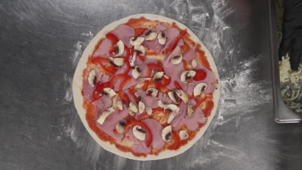 Images Aériennes Aériennes Cuisine Pizza Cuisinière Cuisine Professionnelle Pizzaiola Mettre — Video