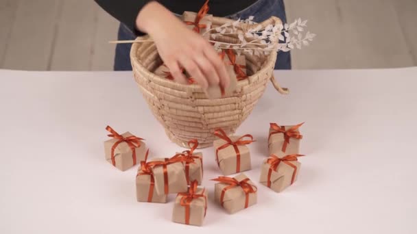 Preparing Gifts Holiday Close Woman Taking Small Rectangular Gift Boxes — Stock Video