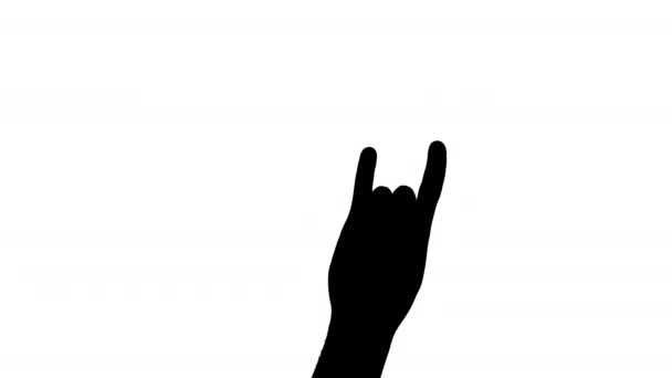 Силуэт Руки Показывающий Жест Рок Ролла Изолированный Чёрный Белый — стоковое видео