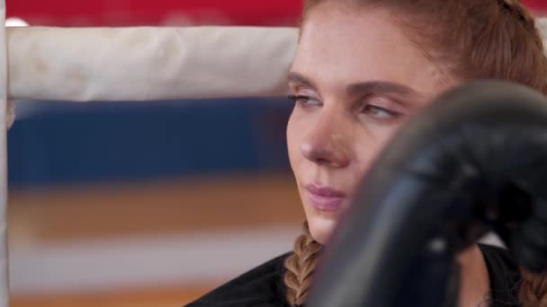 トレーニング後の手袋で額から汗を拭く美しい女性ボクサーのクローズアップ プロスポーツのコンセプト 選手権の準備 — ストック動画