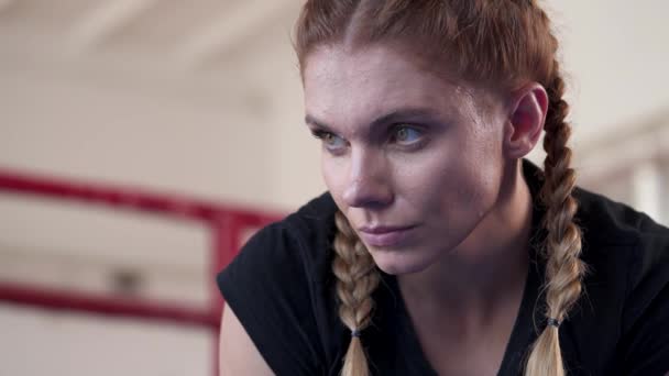 Close Beautiful Female Boxer Exhausting Training Athlete Wipes Sweat Her — Stock Video