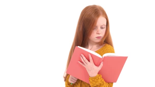 Criança Atenciosa Fazer Trabalhos Casa Uma Menina Ler Livro Isolado — Vídeo de Stock