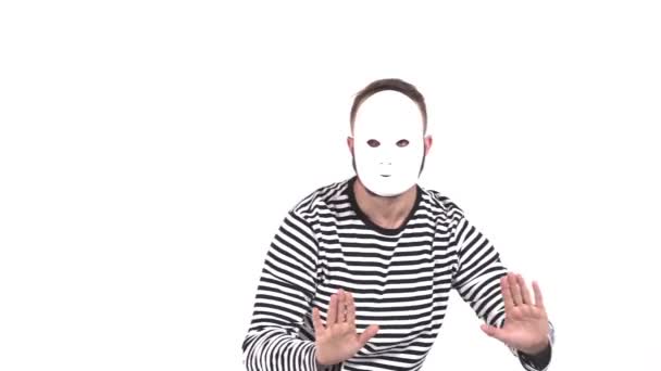Divertente Mimo Maschile Maschera Bianca Recitazione Attore Esibendosi Spettacolo Sfondo — Video Stock