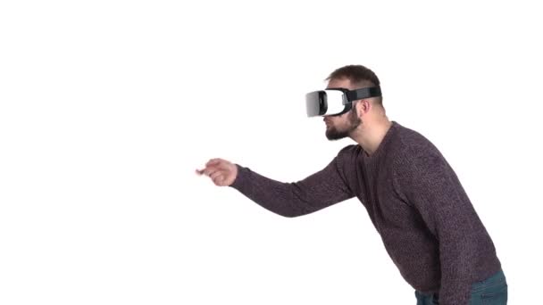 Handsome Funny Man Wearing Virtual Reality Headset Imitates Knocking Doors — Stock Video