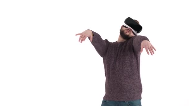 Joyful Young Man Virtual Reality Glasses Having Fun Imitating Zombie — Stock Video