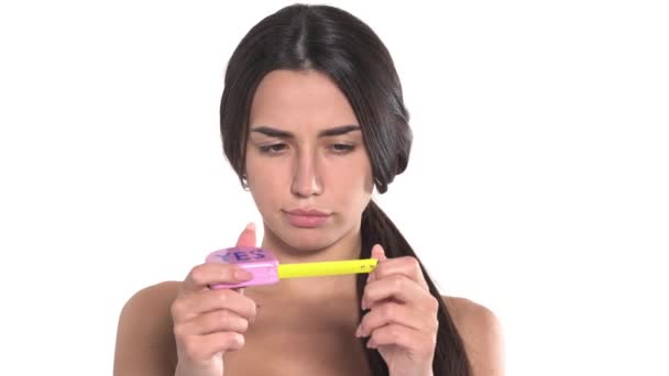 Attractive Slim Woman Holding Tape Measure Close Model Expressing Doubting — Stock Video