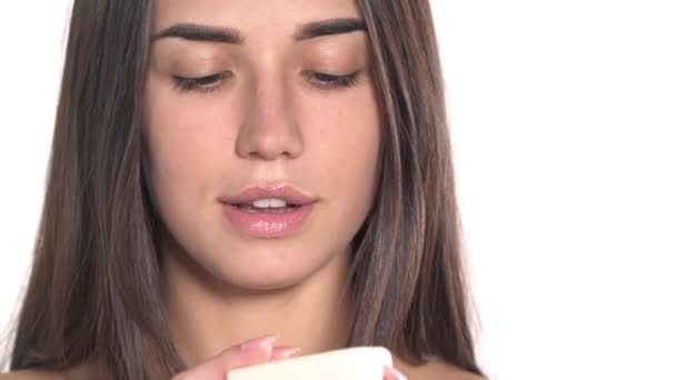 Portrait Shot Charming Young Woman Gently Touching Her Face Bar — Stock Video