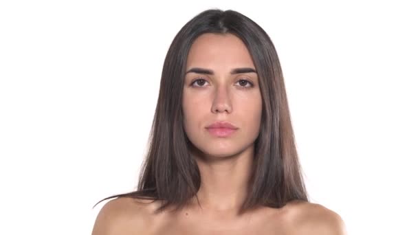 Strikte Mooie Vrouw Met Teken Van Stilte Witte Achtergrond Lichaamstaal — Stockvideo