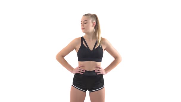Sıska Güzel Bir Kadın Boyun Sağlığı Için Spor Yapıyor Başını — Stok video