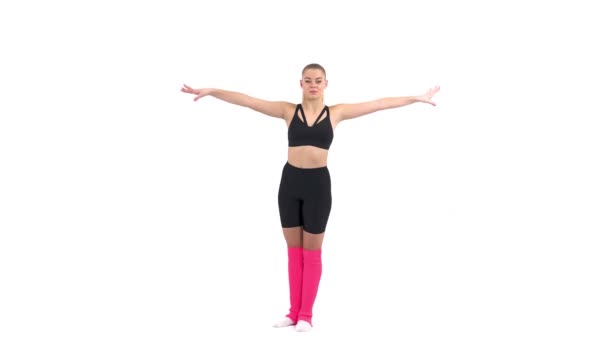 Młoda Gimnastyczka Wykonująca Ćwiczenia Gimnastyczne Grand Battement Side — Wideo stockowe