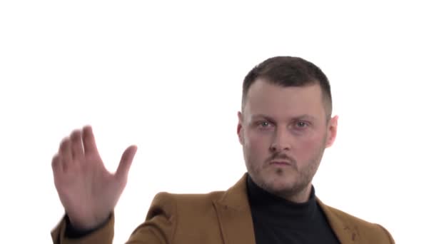 Hombre Enojado Mostrando Señal Stop Concepto Lenguaje Corporal Aislado Sobre — Vídeos de Stock