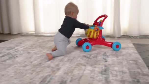 活泼快乐的幼儿男孩爬行与一个五彩缤纷的玩具推车在时尚的室内客厅 快乐的家庭护理儿童概念 — 图库视频影像