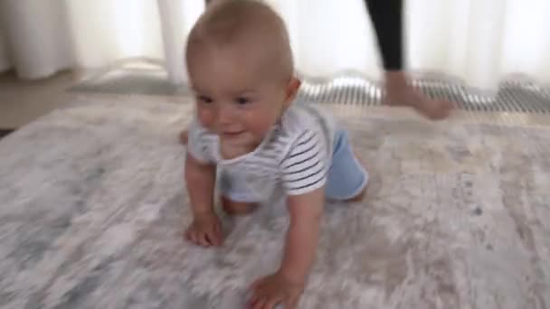 Active Cheerful Boy Happily Crawling Room Taking His Non Spill — Stock Video