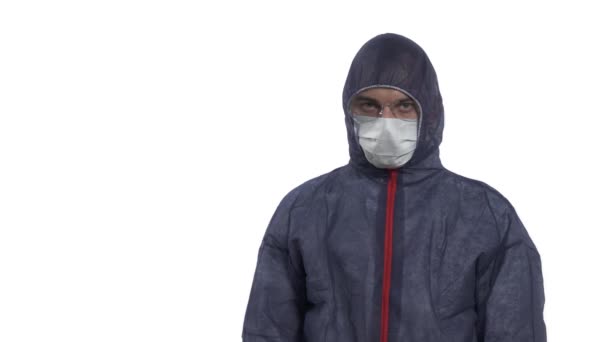 Portrait Caucasian Man Protective Suit Mask Glasses Looking Camera Showing — Stock Video