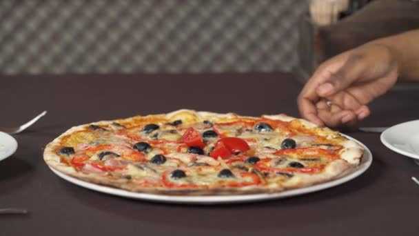 Two Hands Take Slice Pizza People Eating Italian Food Food — Stock Video