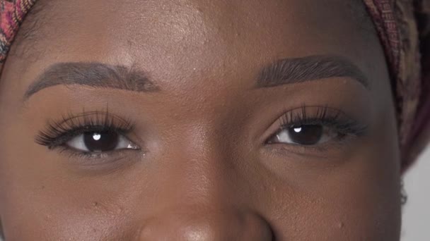 Kahverengi Kadın Gözleri Kameraya Bakıyor Güzel Bir Afrikalı Amerikalı Kadının — Stok video