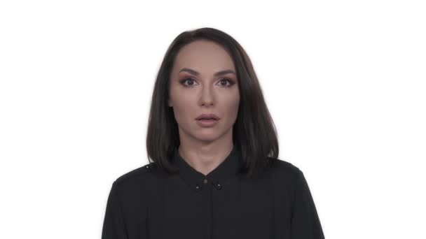 Close Portrait Shot Woman Surprised Facial Expression Model Demonstrates Astonishment — Stock Video