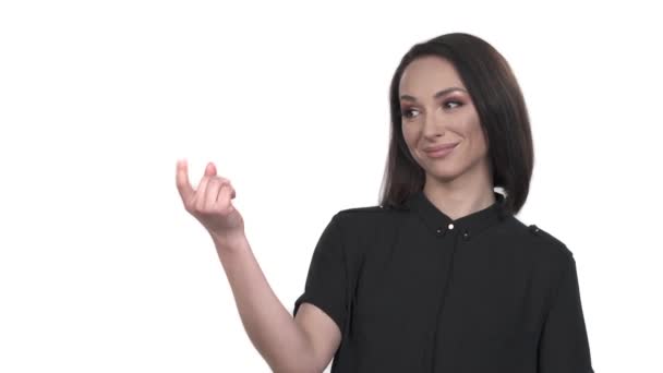 Smuk Flirtende Kvinde Viser Komme Her Tegn Ved Pegefinger Håndtegn – Stock-video