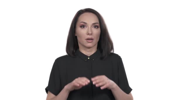 Imagen Cerca Una Mujer Asustada Cubriéndose Cara Con Palmas Sobre — Vídeo de stock