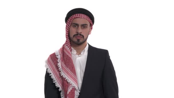 Hombre Milenario Con Ropa Saudita Tradicional Susurrando Lenguaje Corporal Gestos — Vídeos de Stock