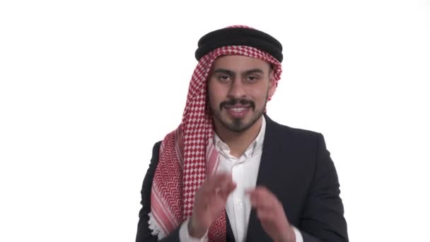 Вид Спереди Араба Традиционном Куфийском Головном Уборе Язык Тела Жесты — стоковое видео