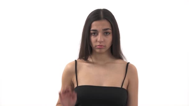 Młoda Kobieta Zatrzymuje Gest Dłonią Język Ciała Dezaprobata Brak Gestu — Wideo stockowe
