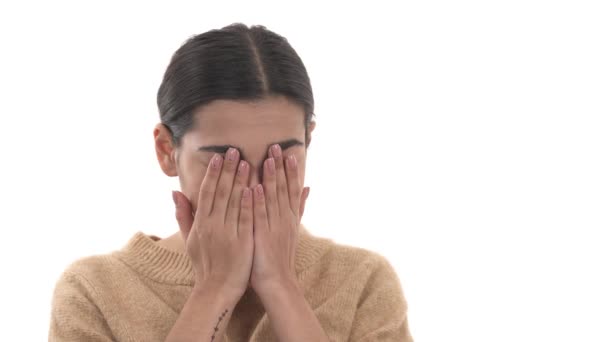 Close Portrait Shot Young Crying Woman Woman Touching Her Face — Stock Video