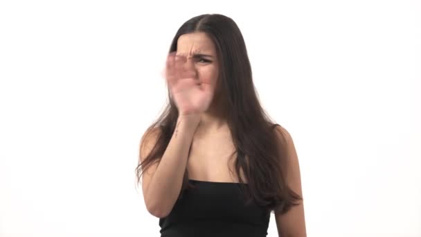 Rozczarowana Kobieta Wyrażająca Negatywne Emocje Kobieta Przykłada Ręce Twarzy Znak — Wideo stockowe