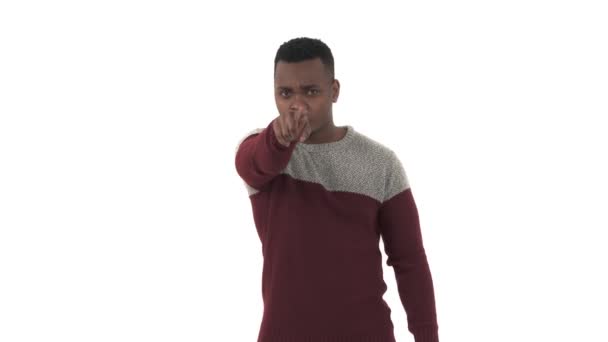 African Man Showing Threatening Gesture Imitating Hit Isolated White Background — Stock Video