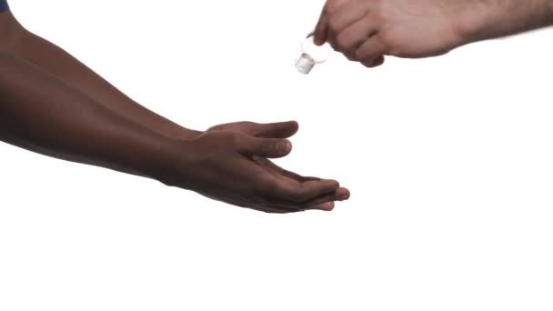 Close Caucasian Man Applying Sanitizer African American Male Hands United — Stock Video