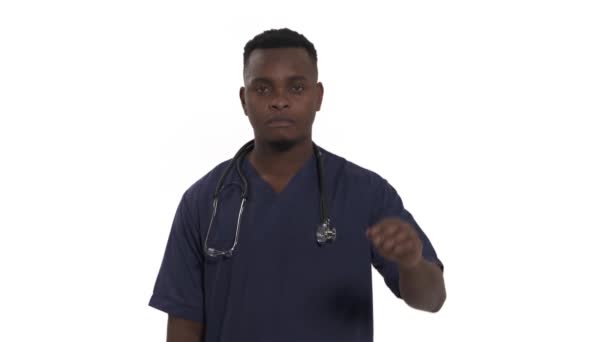 Πορτρέτο Του Σοβαρού Γιατρού Επαγγελματική Ιατρική Μπλε Παλτό Δείχνει Απόρριψη — Αρχείο Βίντεο