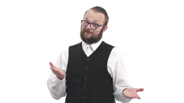 Şaşırmış Yahudi Genç Adam Şüpheci Tereddütlü Duygular Sergiliyor Vücut Dili — Stok video