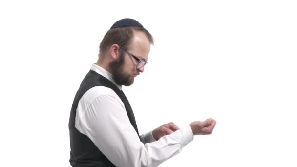 Side View Handsome Jewish Man Showing Middle Finger Guy Demonstrating — Vídeos de Stock