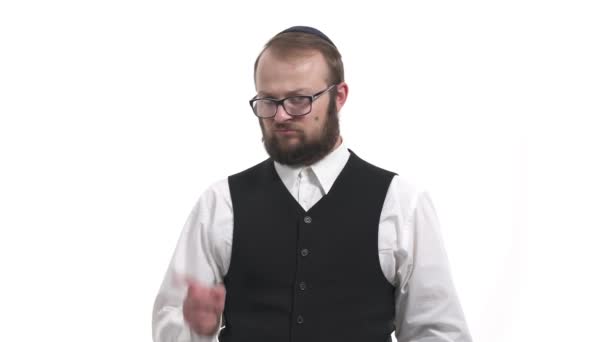 Єврейський Чоловік Показує Знак Допомогою Вказівного Пальця Відмова Концепція Мови — стокове відео