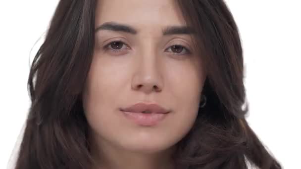 Zbliżenie Portret Atrakcyjny Kaukaski Kobieta Warga Który Torebka Niby Całuję — Wideo stockowe