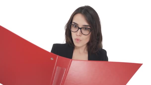Young Caucasian Business Lady Glasses Expanding Big Red Folder Amazed — Stock Video