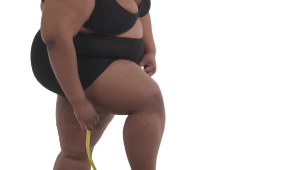 Close Unrecognizable African American Obese Woman Body Underwear Measuring Her — Stock Video