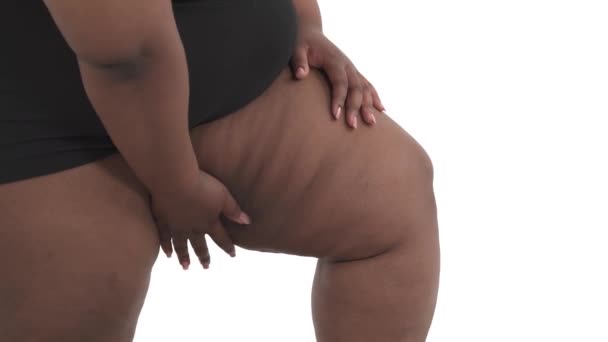 Close Unrecognizable African American Obese Woman Flabby Legs Underwear Isolated — Stock Video