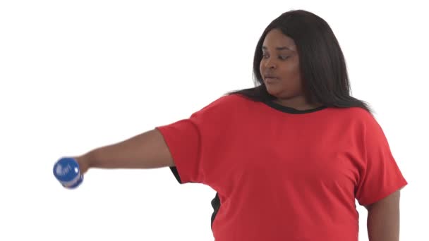 Portré Fekete Kövér Gyakorló Súlyzó Elszigetelt Fehér Háttér — Stock videók