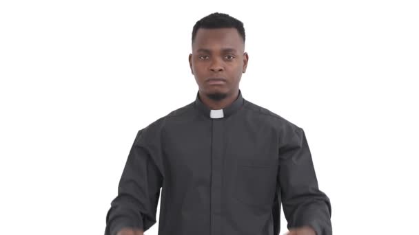Portrait Black Priest Folding Hands Lifting Plea Isolated White Background — Stock Video