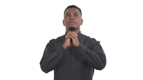Portrait African Priest Crossed Praying Hands Looking Raising Arms Begging — Stock Video