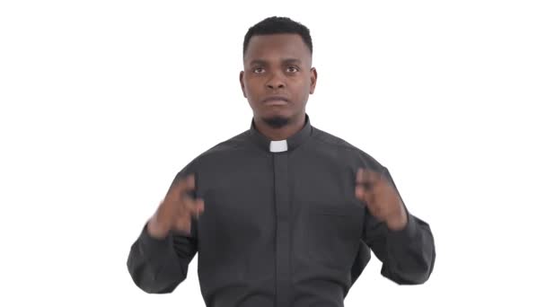 Portrait Young Black Priest Pointing Fingers Shaking His Head Denial — Stock Video