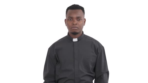 Portrait Black Displeased Priest Pointing Finger Right Side Shaking His — Stock Video