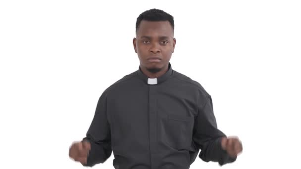 Portrait Black Sad Priest Pointing Fingers Nodding His Head Isolated — Stock Video