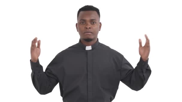 Portrait African American Priest Spreading Hands Pointing Palms Different Sides — Stock Video